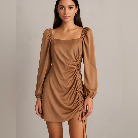 EMORY PARK Bronze Brown Satin Slinky Cinch Side Mini Dress Long Sleeve S - Picture 1 of 10